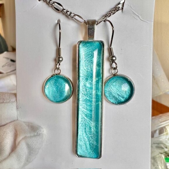 Blue Necklace & Earring Gift Set, Handmade Blue Jewelry, Stainless Steel, Glass - Picture 4 of 9